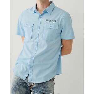 True Religion Utility Button Down Short Sleeve Shirt Light Blue M